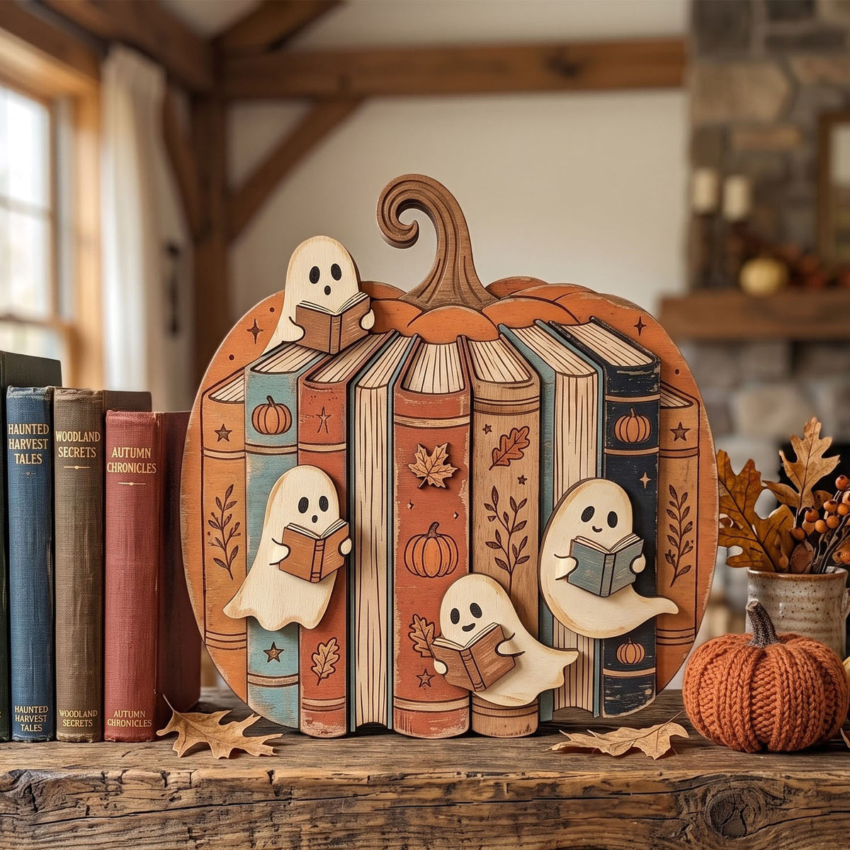 Halloween Pumpkin Bookshelf Wooden Block Sign, Ghost Reading Books, Pumpkin Book Stack Decor