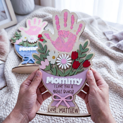 Personalized Wooden Flower Bouquet Handprint Sign With Flat Base, Custom Mom Grandma Handprint Plaque, Kids Fingerprint Art Gift, Mother Day Keepsake, Family Name Sign