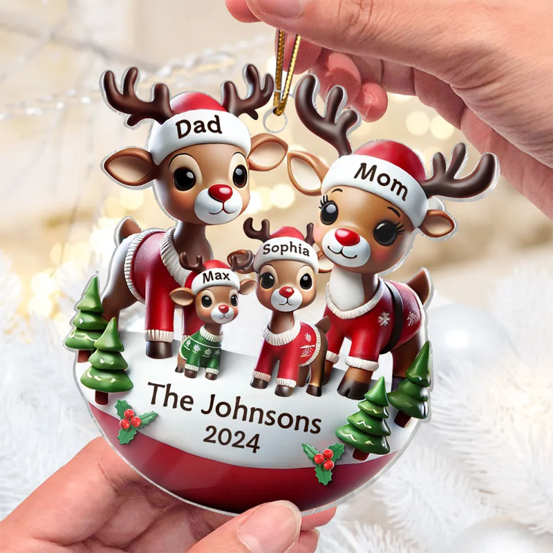 Personalized Reindeer Family 3D Effect Acrylic Ornament, Cute Christmas Decoration