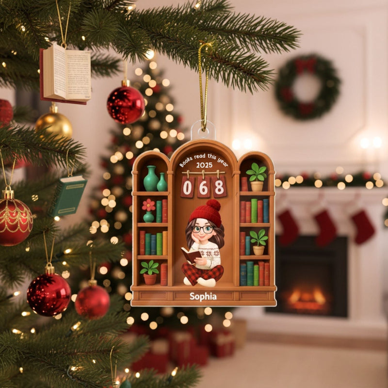 Books Read This Year, Personalized Girl Sitting On Bookshelf Acrylic Ornament, Gifr For Book Lover, Bookworm