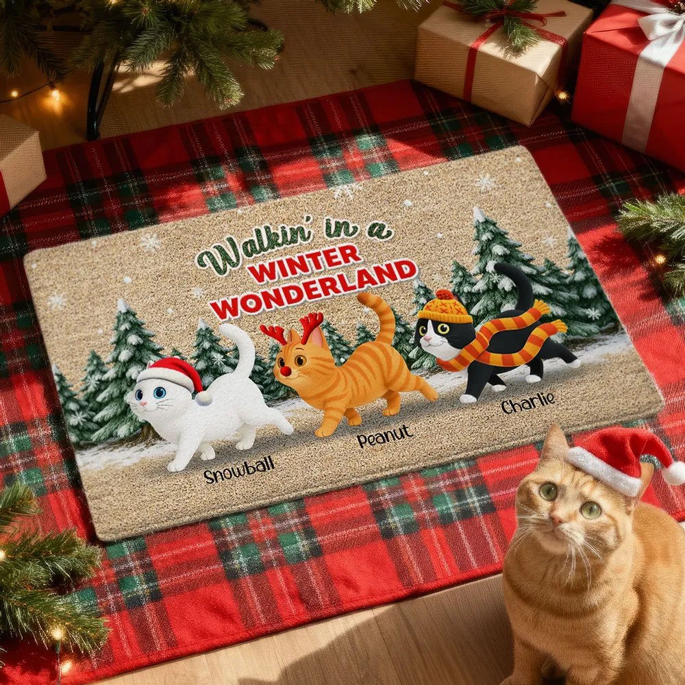 Cats Walking In A Winter Wonderland - Personalized Doormat