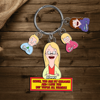 Personalized Hilarious Cartoon Mom and Kids Charm Keychain, Unique Mother’s Day Gift for Mom