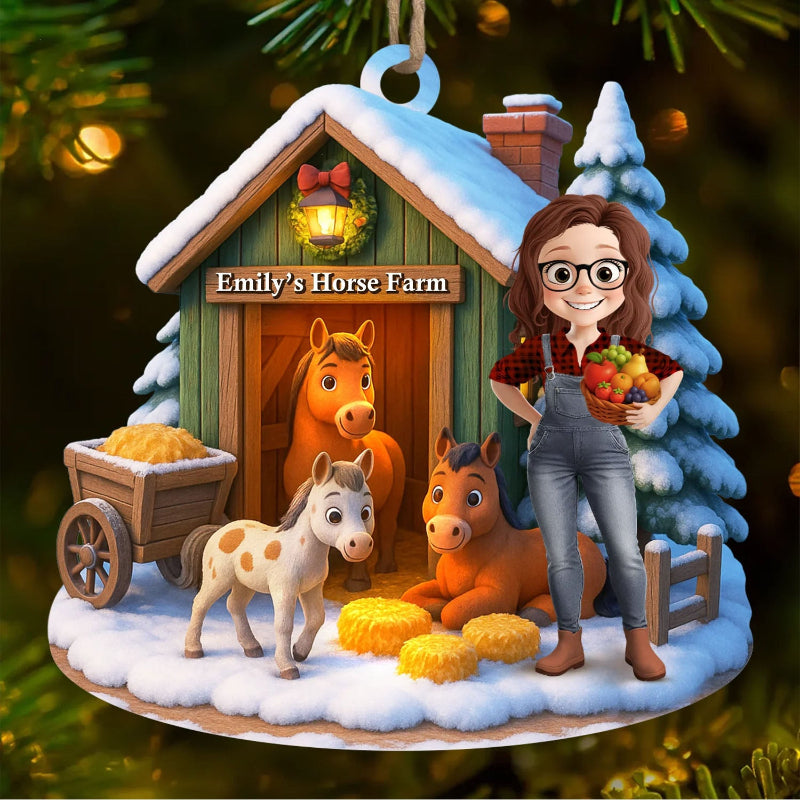 Personalized Home Farm Christmas Scene Wooden Ornament, Gift For Family and Animal Lovers