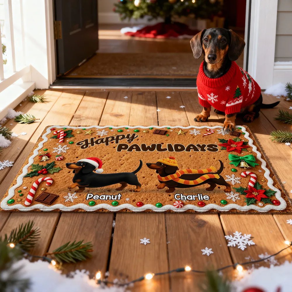 3D Effect Christmas Happy Pawliday Dachshunds Walking Gingerbread Cookie Theme - Personalized Doormat