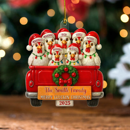 Merry Cluckmas Red Truck - Personalized Chicken Family On Truck Acrylic Ornament