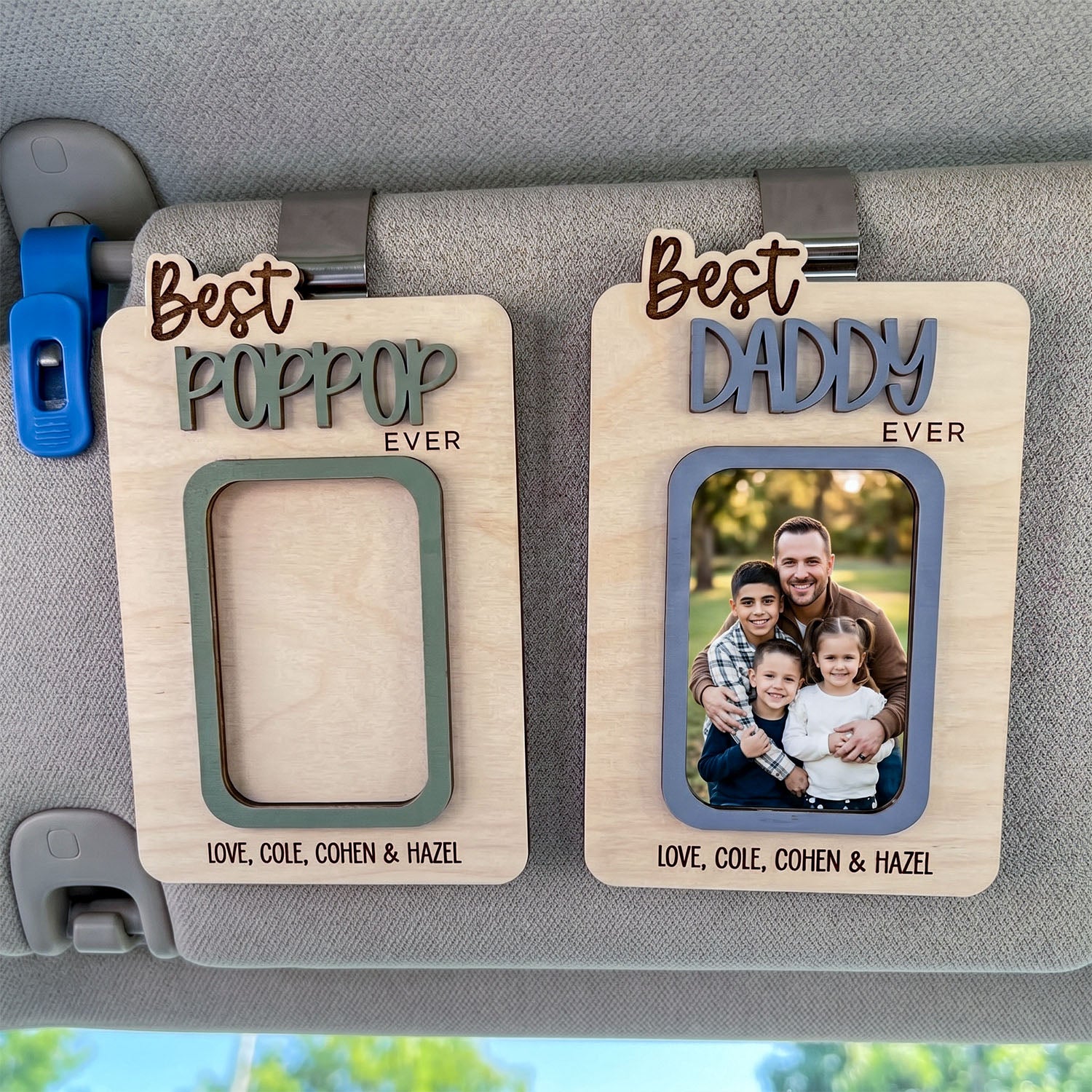 Personalized Best Dad Photo Holder Car Visor Clip, Custom Wooden