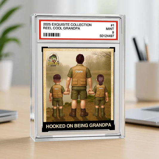 Fishing No. 1 Grandpa Dad Man & Kids Trading Card Style Personalized Acrylic Block Plaque