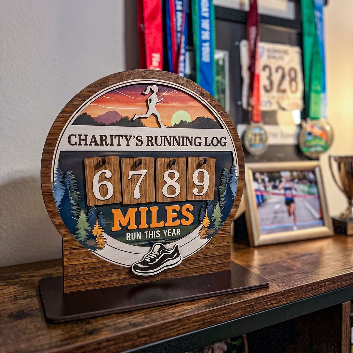 Personalized Running Miles Tracker Sign With Flat Base, Mountain Sunset Design, Holiday Gift for Runners