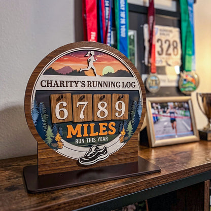Personalized Running Miles Tracker Sign With Flat Base, Mountain Sunset Design, Holiday Gift for Runners