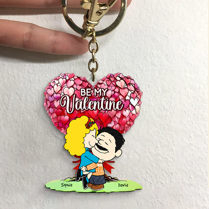 Personalized Cartoon Couple Kissing Under Heart Tree Keychain, Valentine's Day Gift for Couples, Gift For Him, Gift For Her