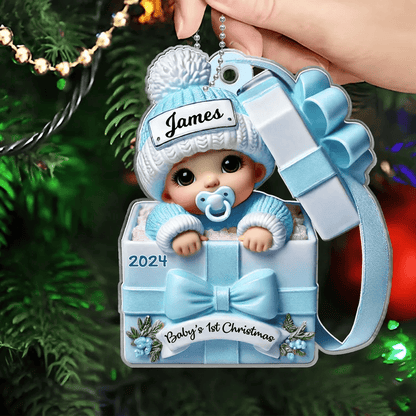 Baby Inside Gift Box 3D Effect Personalized Acrylic Ornament, Lovely Keepsake to Celebrate Little Miracle, Christmas in July