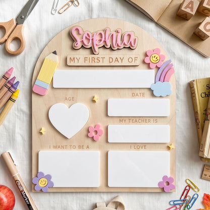 Personalized Interchangeable Pastel Rainbow Back to School Board, First And Last Day Of School, Custom 3D Name Milestone Sign, Reusable Back To School Photo Prop