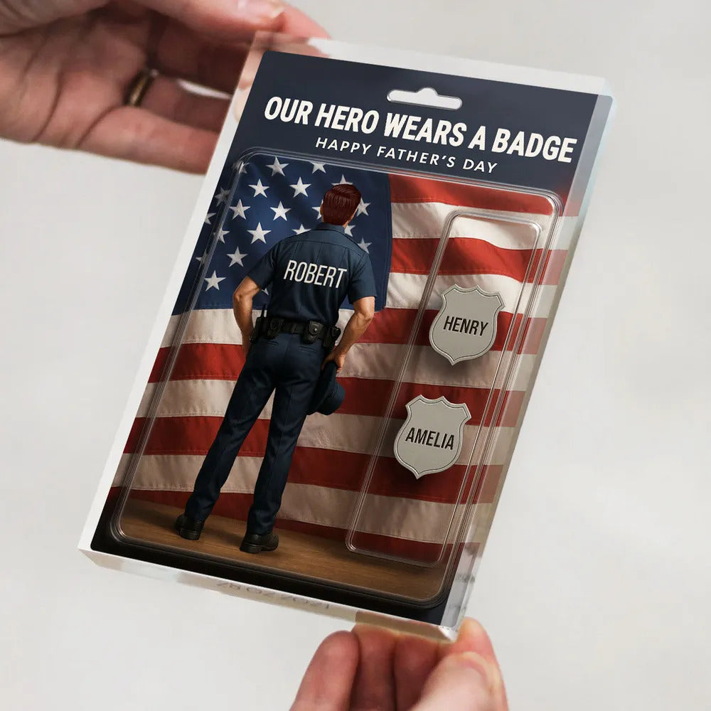 Custom Figure My Hero Wears A Badge With Kids' Names Personalized Acrylic Block Plaque, Perfect 2025 Father's Day Gift For Him, For Dad