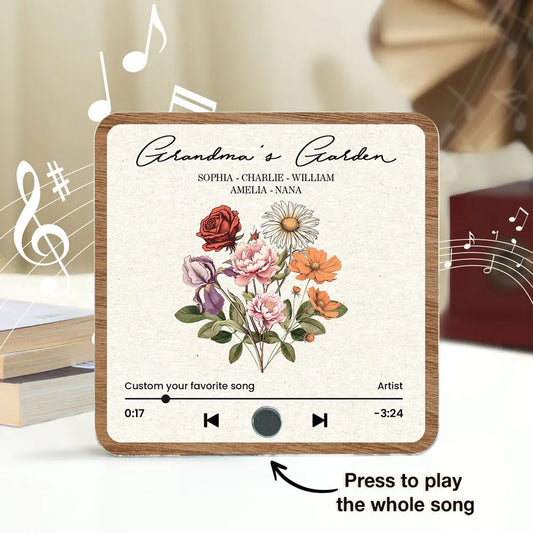 Grandma's Garden Retro Birth Flower Bouquet Personalized Music Fridge Magnet, Gift for Grandma, Mom