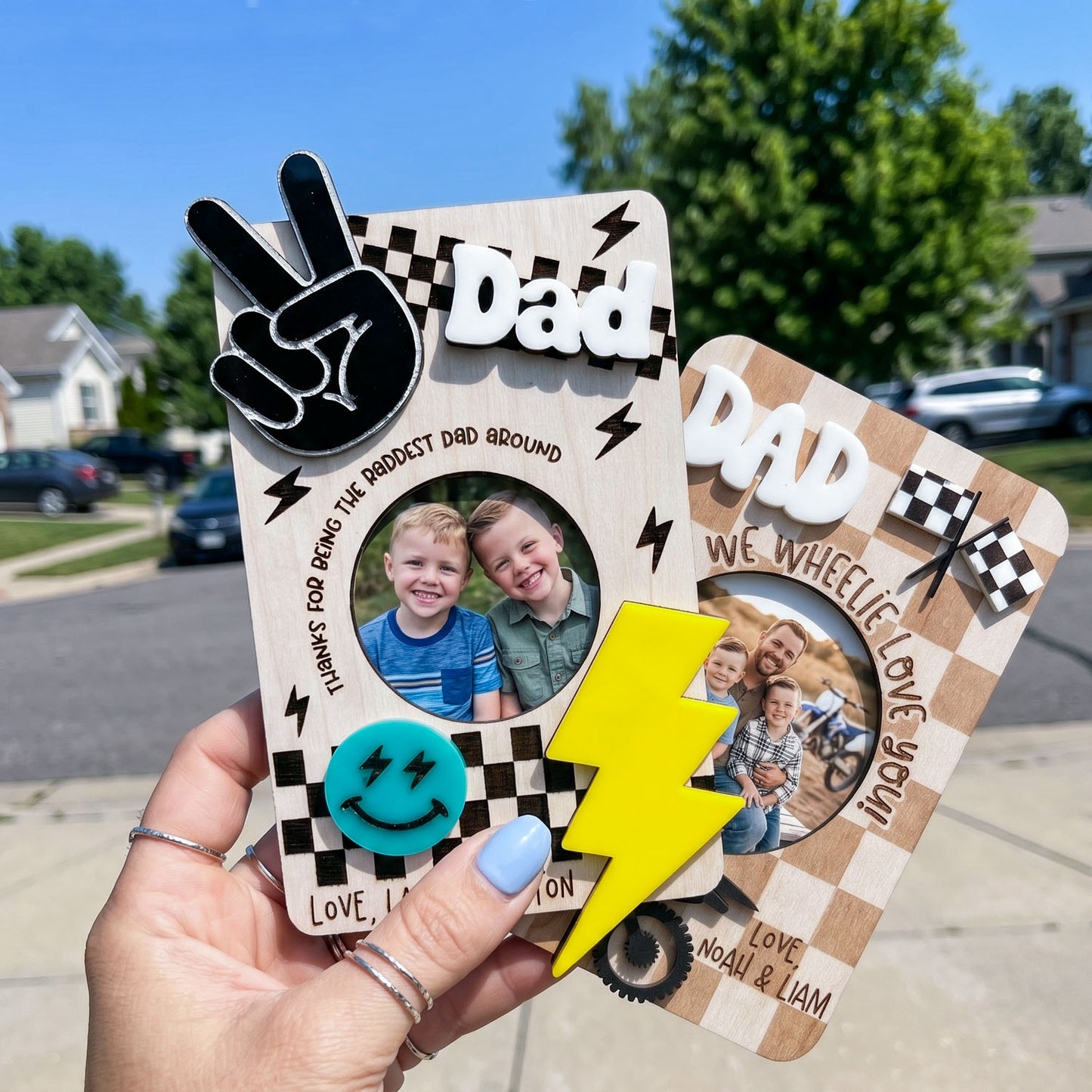 Personalized Racing Photo Holder Car Visor Clip, Custom Dad Car Sun Visor Picture Frame With Motocross And Checkered Flag Decor, Drive Safe Gift From Kids