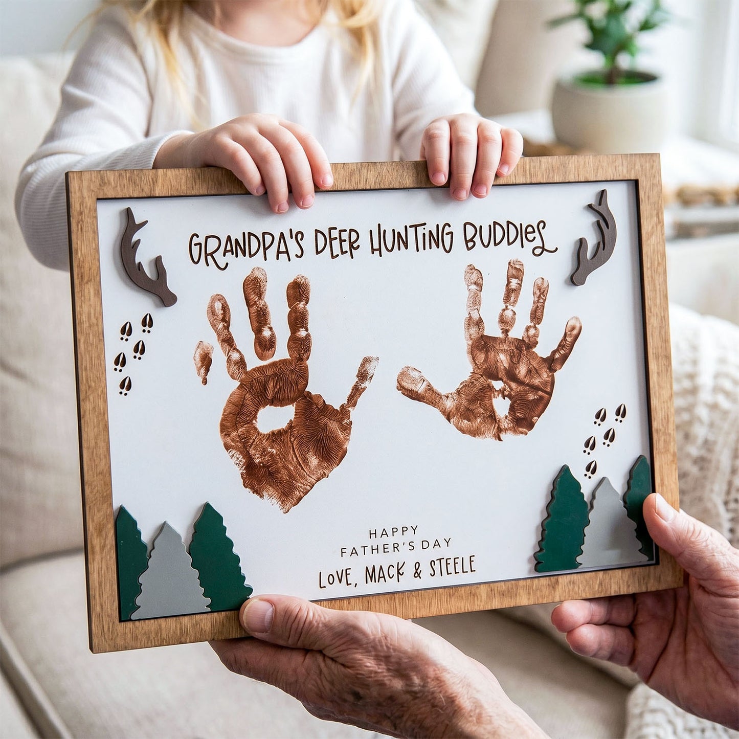 Personalized Deer Hunting Handprint Wooden Sign, Custom Daddy Grandpa Hunting Buddy Sign Decor, Rustic Father's Day Gift
