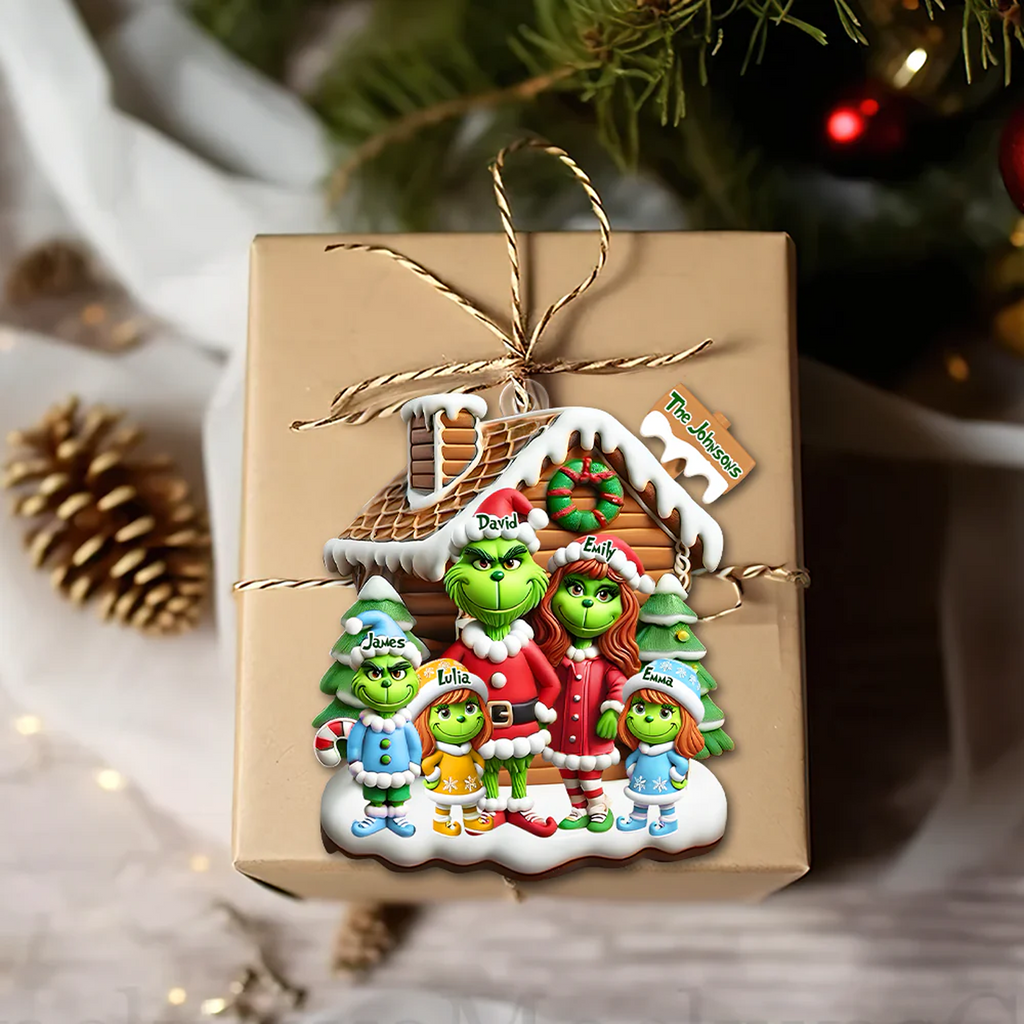 Personalized Cartoon Grinch Family Acrylic Ornament, Heartwarming Holiday Decoration For Family