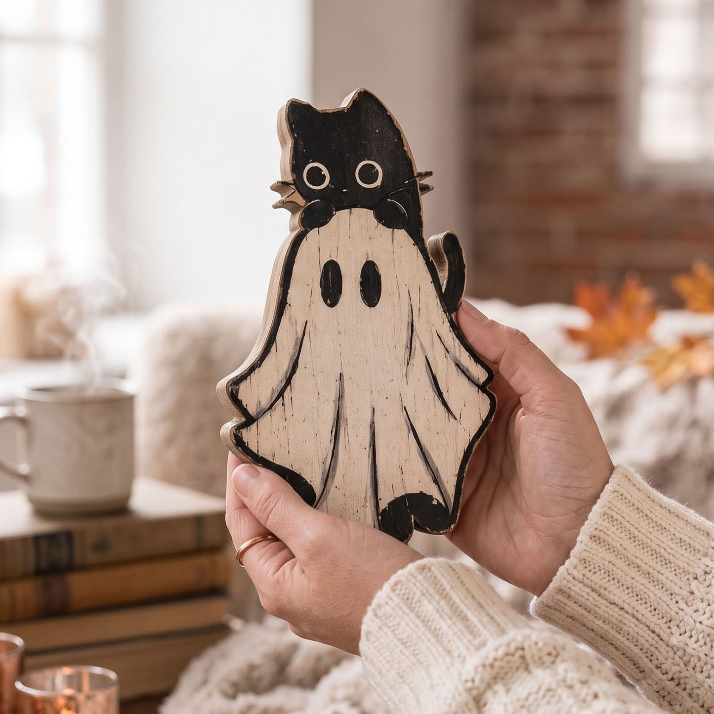 A person holds a decorative wooden ghost ornament with a black cat on its head against a cozy, softly blurred indoor background.