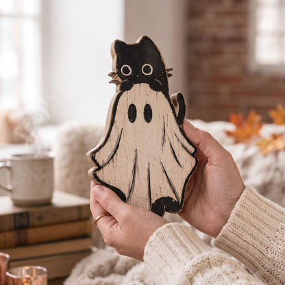 A person holds a decorative wooden ghost ornament with a black cat on its head against a cozy, softly blurred indoor background.