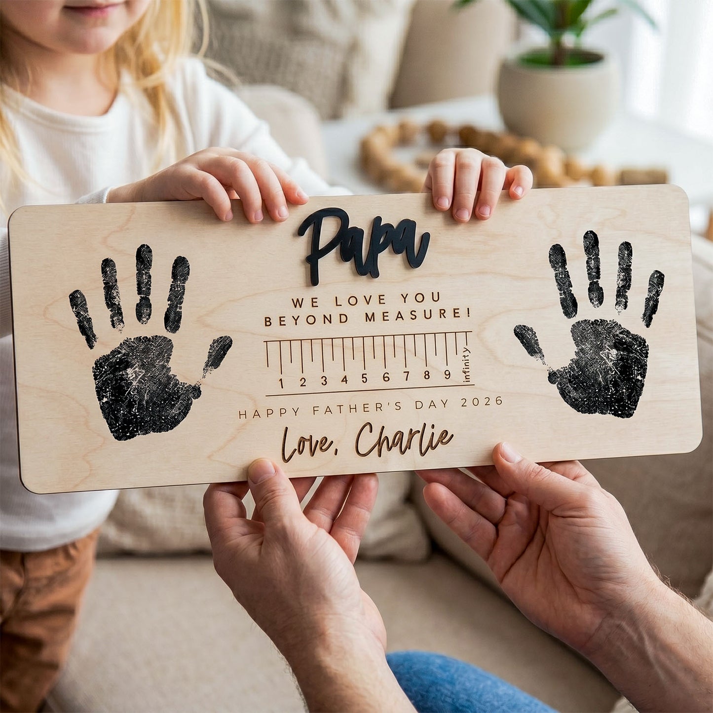 Personalized Kids Love Measure Wooden Handprint Sign, Custom Daddy Papa Handprint Sign Decor, Meaningful Father's Day Gift