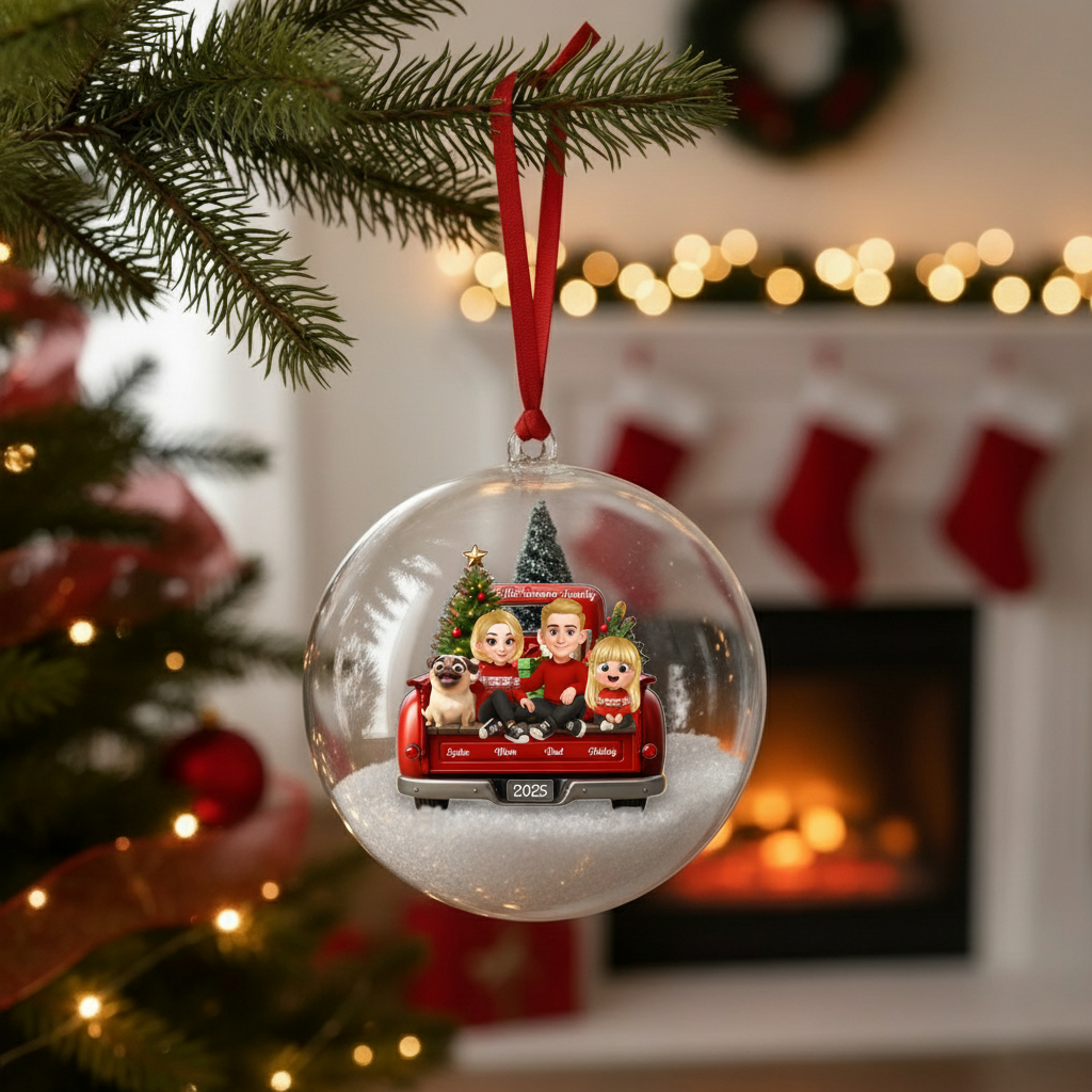 Family Sitting On Truck Ball Ornament - Personalized Snow Globe Ornament - Christmas Festive Decor, Gift for Husband, Wife, Children