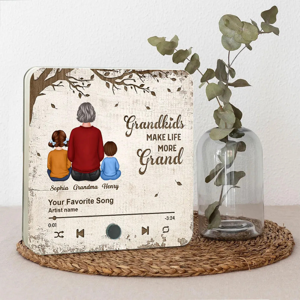 Grandkids Make Life More Grand, Grandma Grandkids Sitting Back View Personalized Music Fridge Magnet, Mother's Day Gift for Grandma