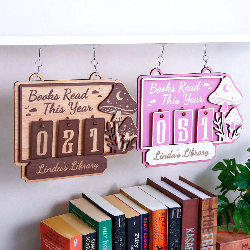 Personalized Mushroom Books Read Tracker Hanging Sign, Bookish Decor, Bookish Gift, Gift for Readers, Book Lovers Gift