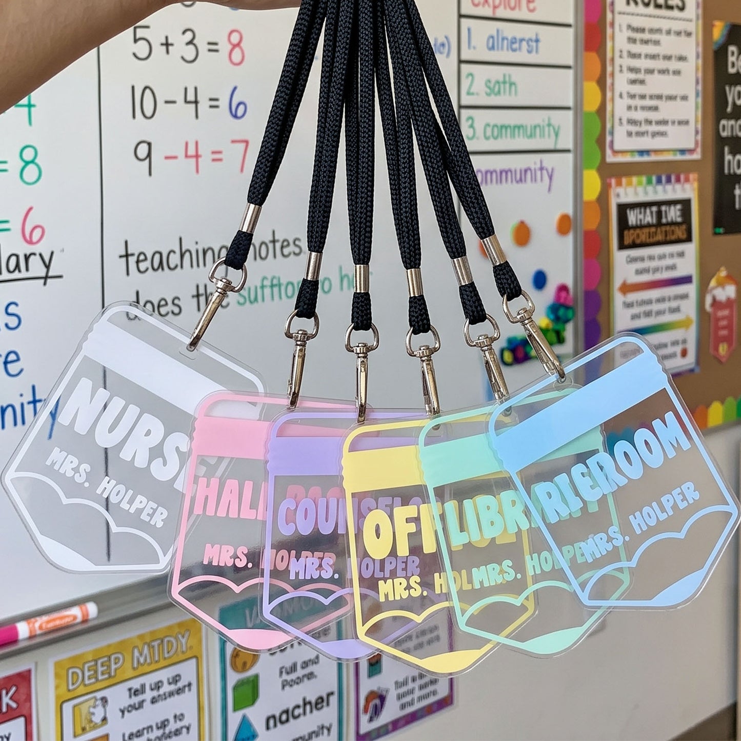 Personalized Teacher Pencil Hall Pass Lanyard, Custom Classroom Pass Badge, School Staff ID Holder, Nurse Counselor Office Library Restroom Pass