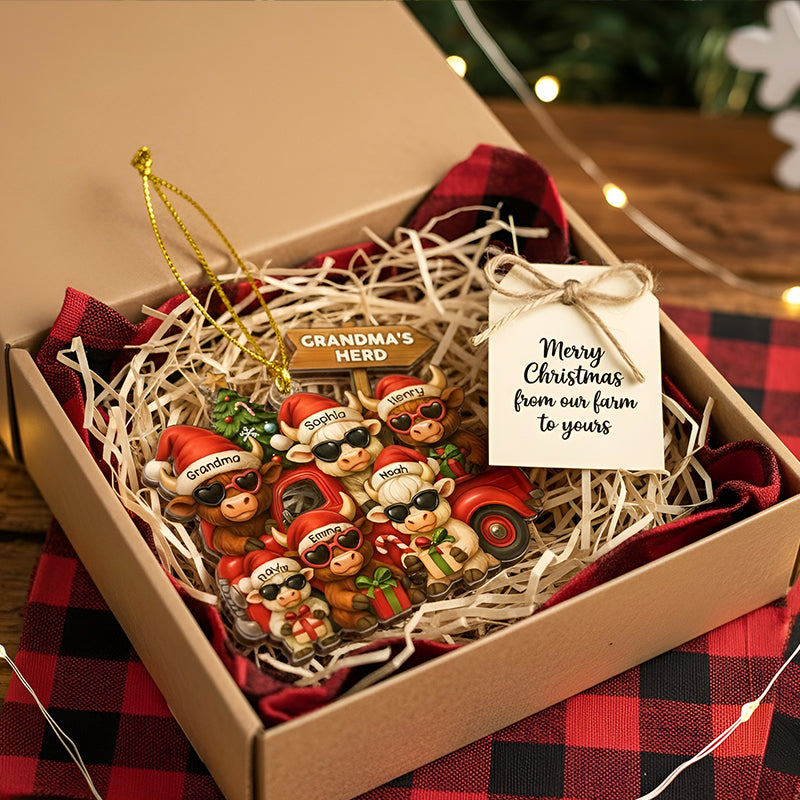 Personalized Christmas Highland Cow On Truck Acrylic Ornament, Family Christmas Ornament