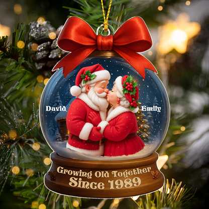Personalized 3D Effect Santa Couple In Snow Globe Acrylic Ornament, Couple Christmas Tree Decoration