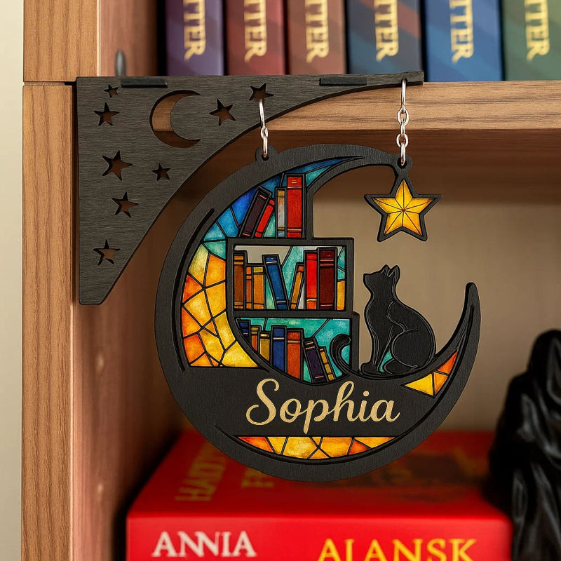 Personalized Half Moon Cat Bookshelf Corner Bracket, Wooden Corner Decor, Library Decor, Bookshelf Decor, Gift for Readers, Book Lovers Gift