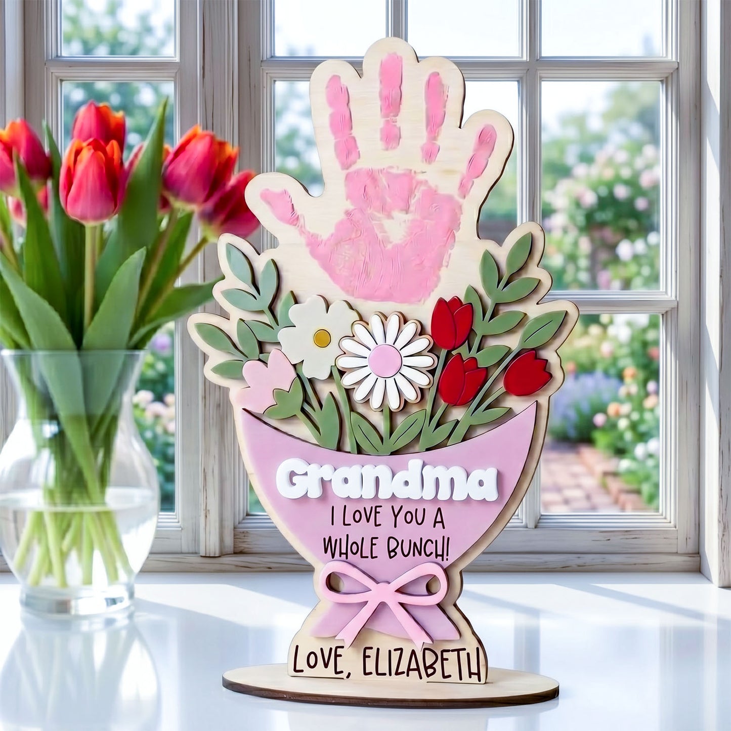 Personalized Wooden Flower Bouquet Handprint Sign With Flat Base, Custom Mom Grandma Handprint Plaque, Kids Fingerprint Art Gift, Mother Day Keepsake, Family Name Sign