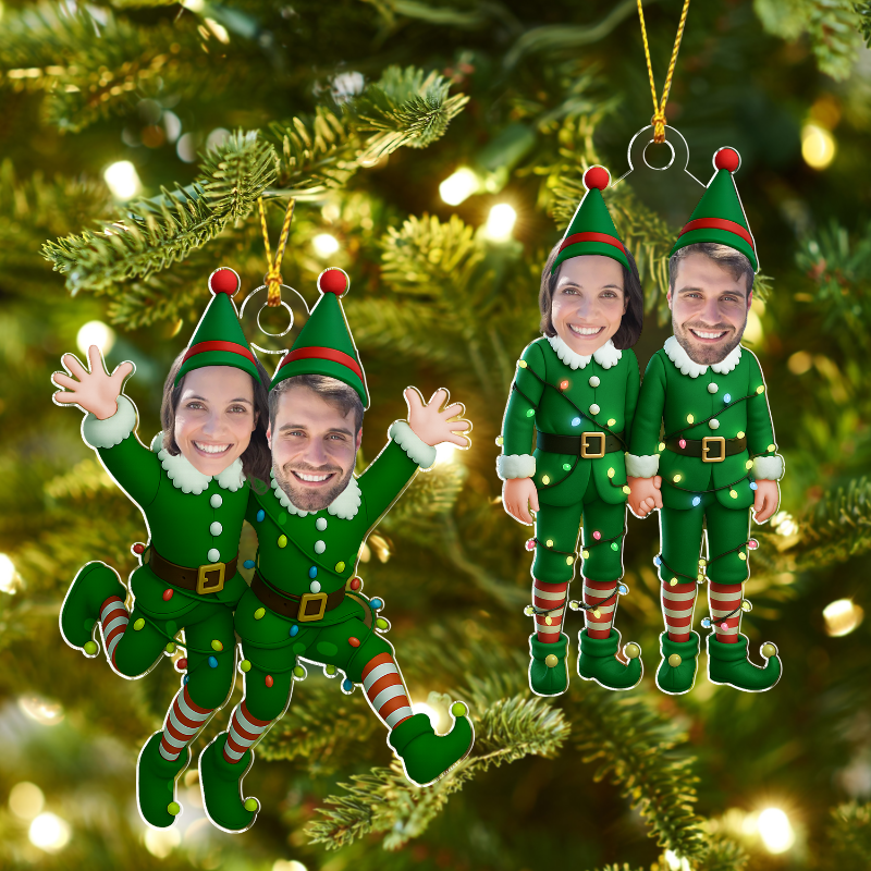 Personalized Funny Photo Face Elf Couple Acrylic Ornament, Christmas Tree Decoration, Gift For Couple