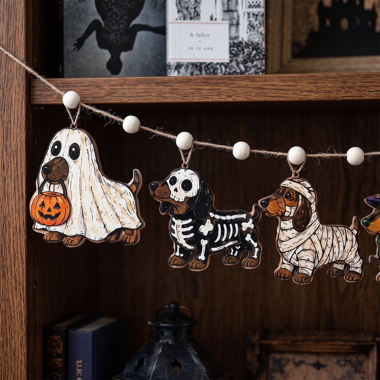 Halloween wooden dachshund garland hanging on a wooden shelf, featuring dachshunds dressed as a ghost holding a pumpkin, a skeleton, and wrapped in bandages.