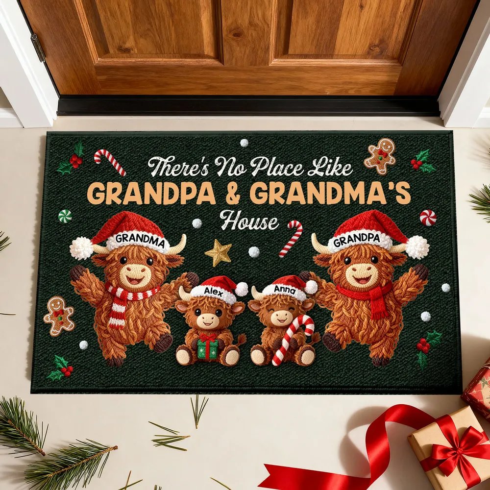 3D Faux Crochet Effect Christmas Grandma Grandkids Highland Cow Together - Personalized Doormat