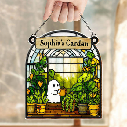 Personalized Ghost And Lush Greenery Garden Suncatcher, Gift For Garden Lovers, Cute Halloween Gift