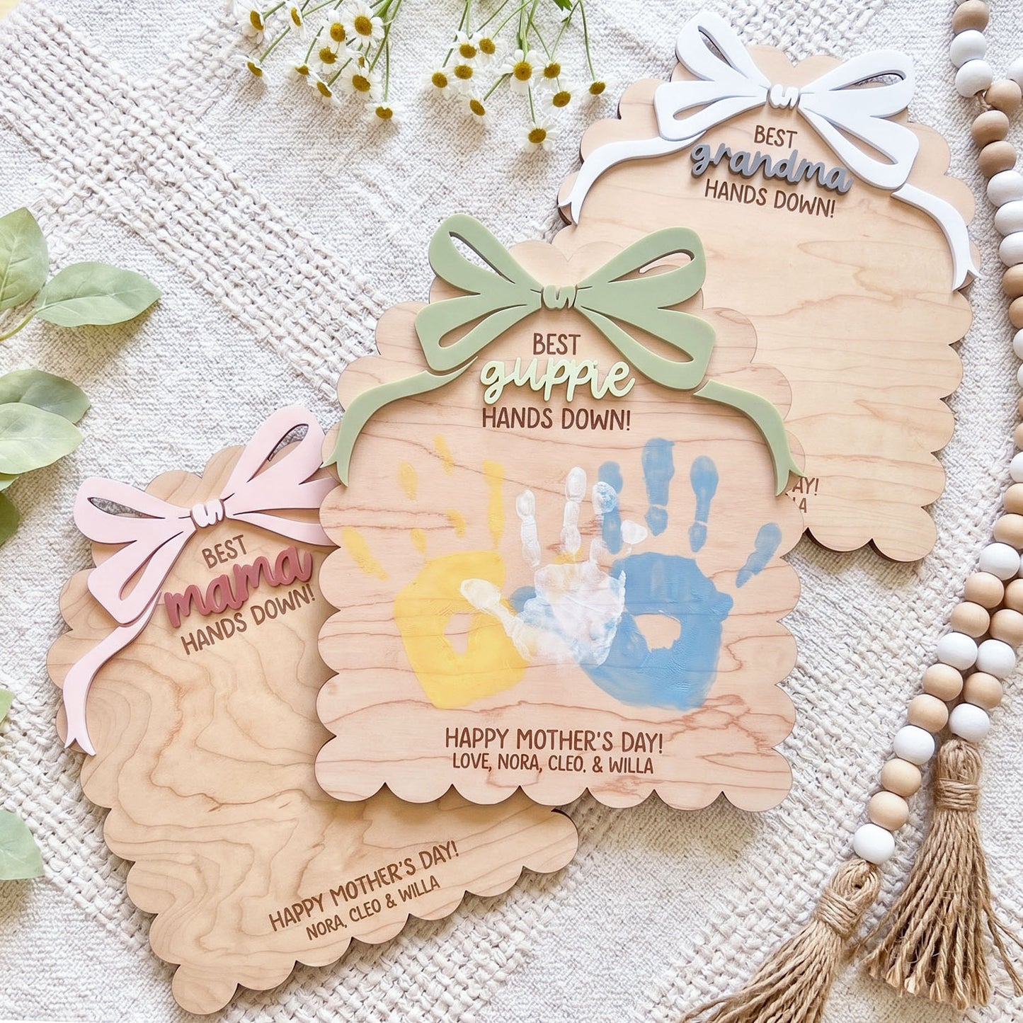 Personalized DIY Bow Ribbon Scallop Handprint Sign, Custom Kids Handprint Keepsake Plaque, Best Mama Grandma Hands Down Design, Mother’s Day Gift, Family Keepsake Decor