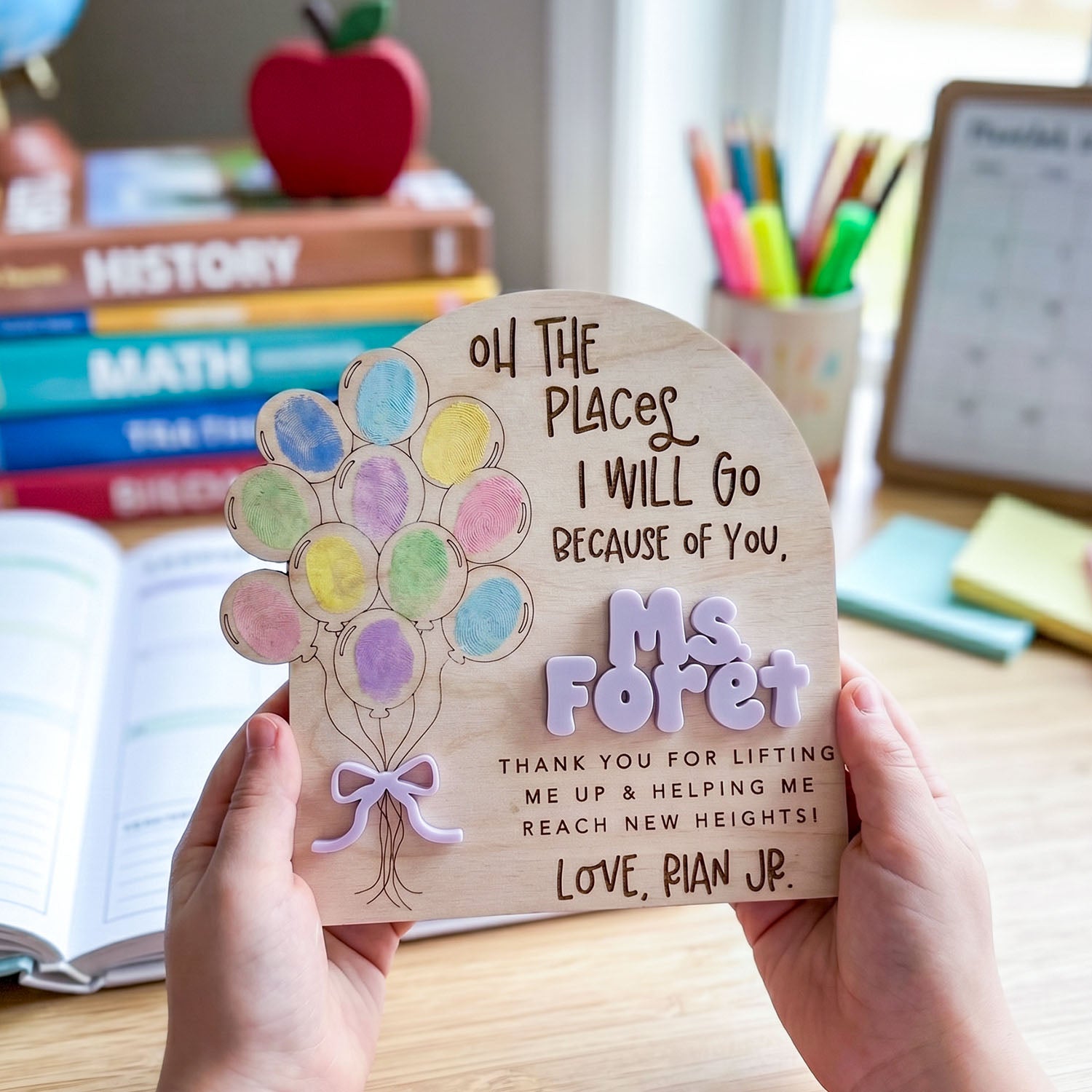 Personalized Teacher Balloon Fingerprint Sign, Custom Handprint Wooden Plaque for Teacher, Oh The Places You Will Go Design, End Of School Year Gift, Kids Keepsake