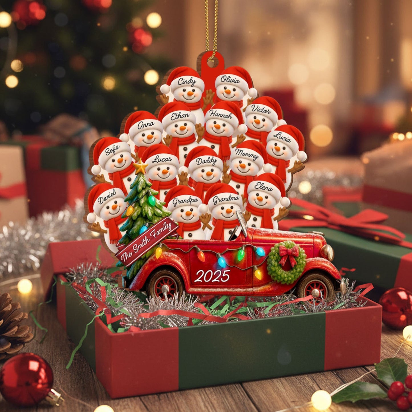 Personalized Big Family Snowman On Red Truck Wooden Ornament, Gift For Family and Christmas Lovers