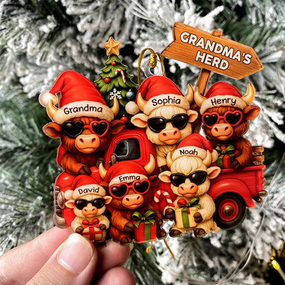 Personalized Christmas Highland Cow On Truck Acrylic Ornament, Family Christmas Ornament