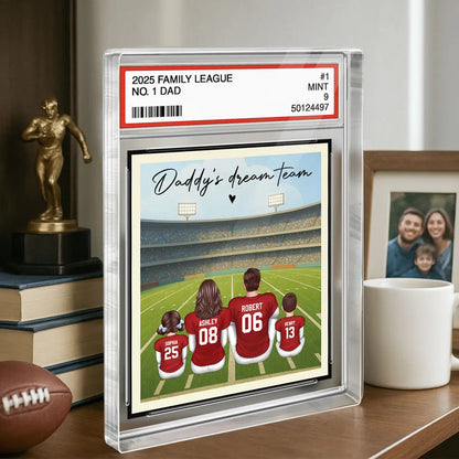 American Football Daddy's Dream Team No. 1 Dad Man & Kids Sitting Trading Card Style Personalized Acrylic Block Plaque