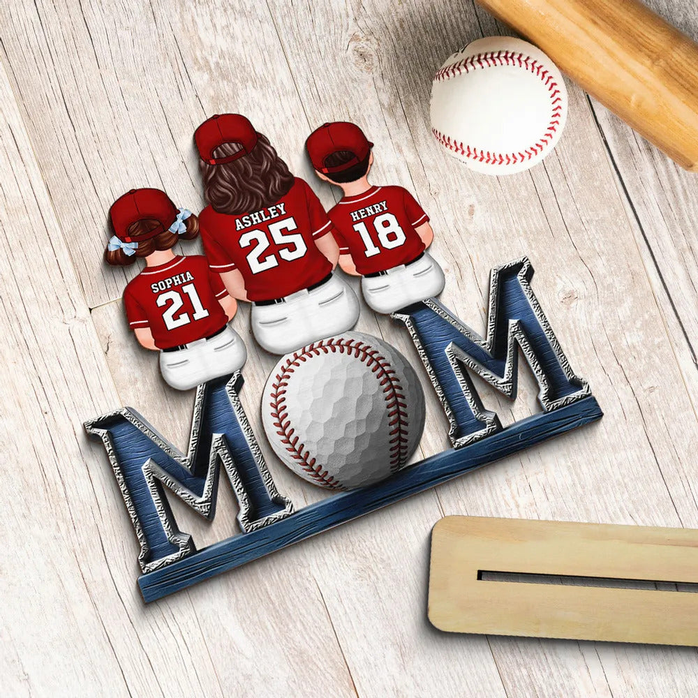 Baseball, Softball Mom And Kids Sitting On Text Personalized Standing Wooden Plaque, Mother's Day Gift