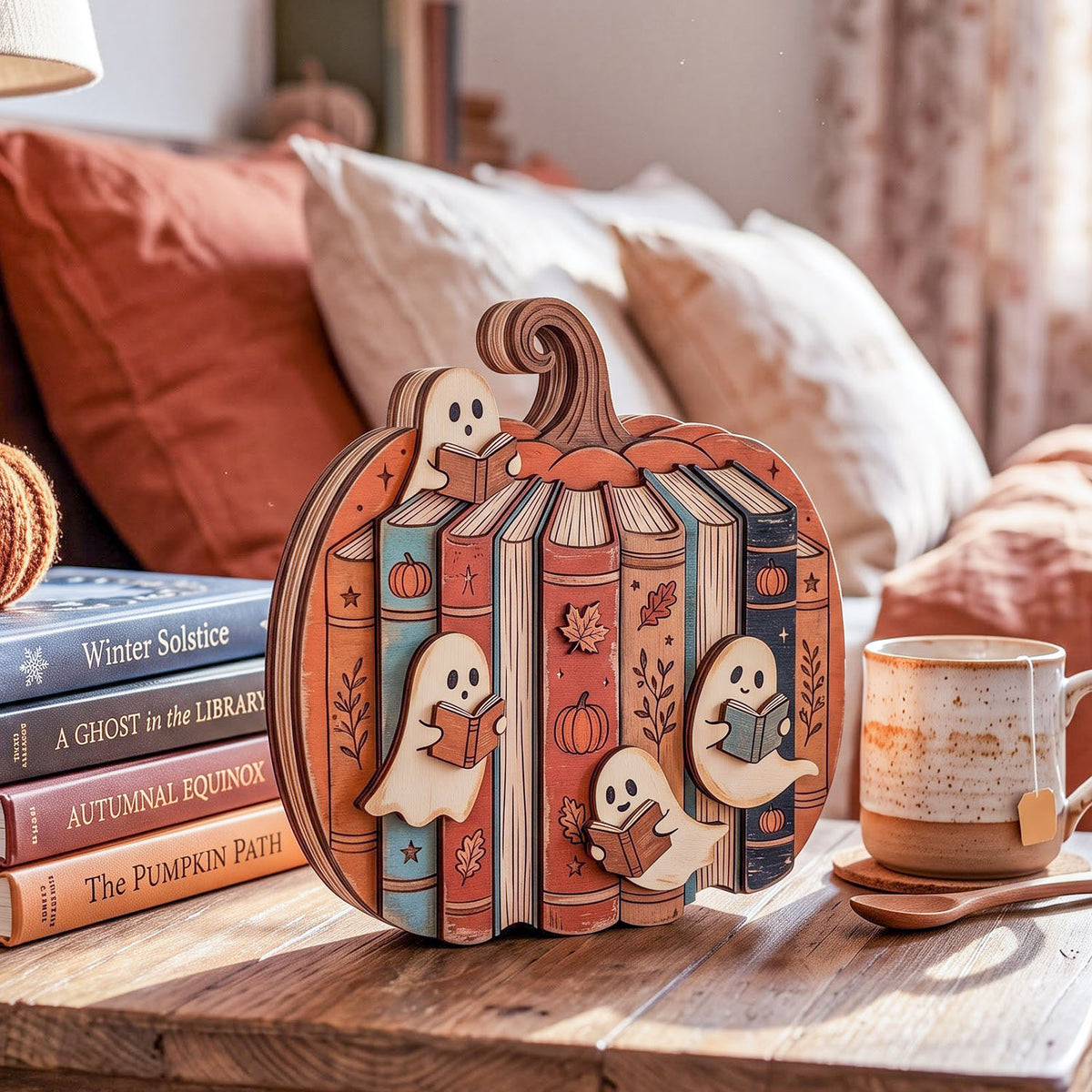 Halloween Pumpkin Bookshelf Wooden Block Sign, Ghost Reading Books, Pumpkin Book Stack Decor