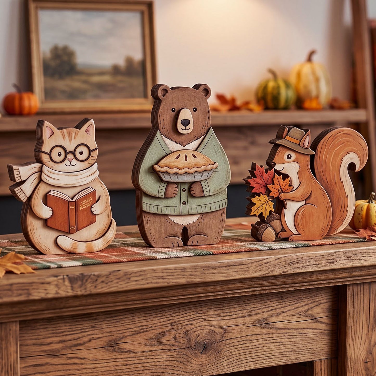 Cozy Fall Woodland Animal Wooden Block Sign, Autumn Shelf Decor Scene, Rustic Fall Home Decor