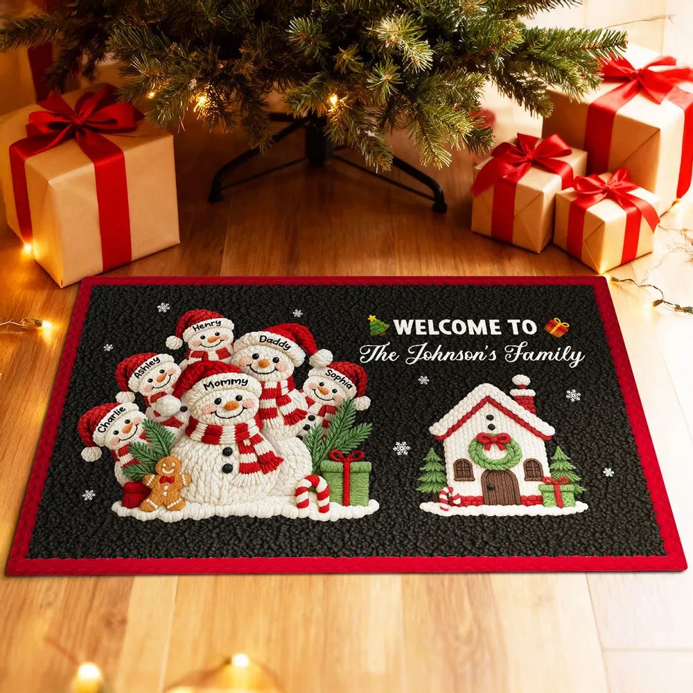 Welcome to Our Family Snowman Latch Hook Yarn Faux - Personalized Doormat - Festive Christmas Decor for Family