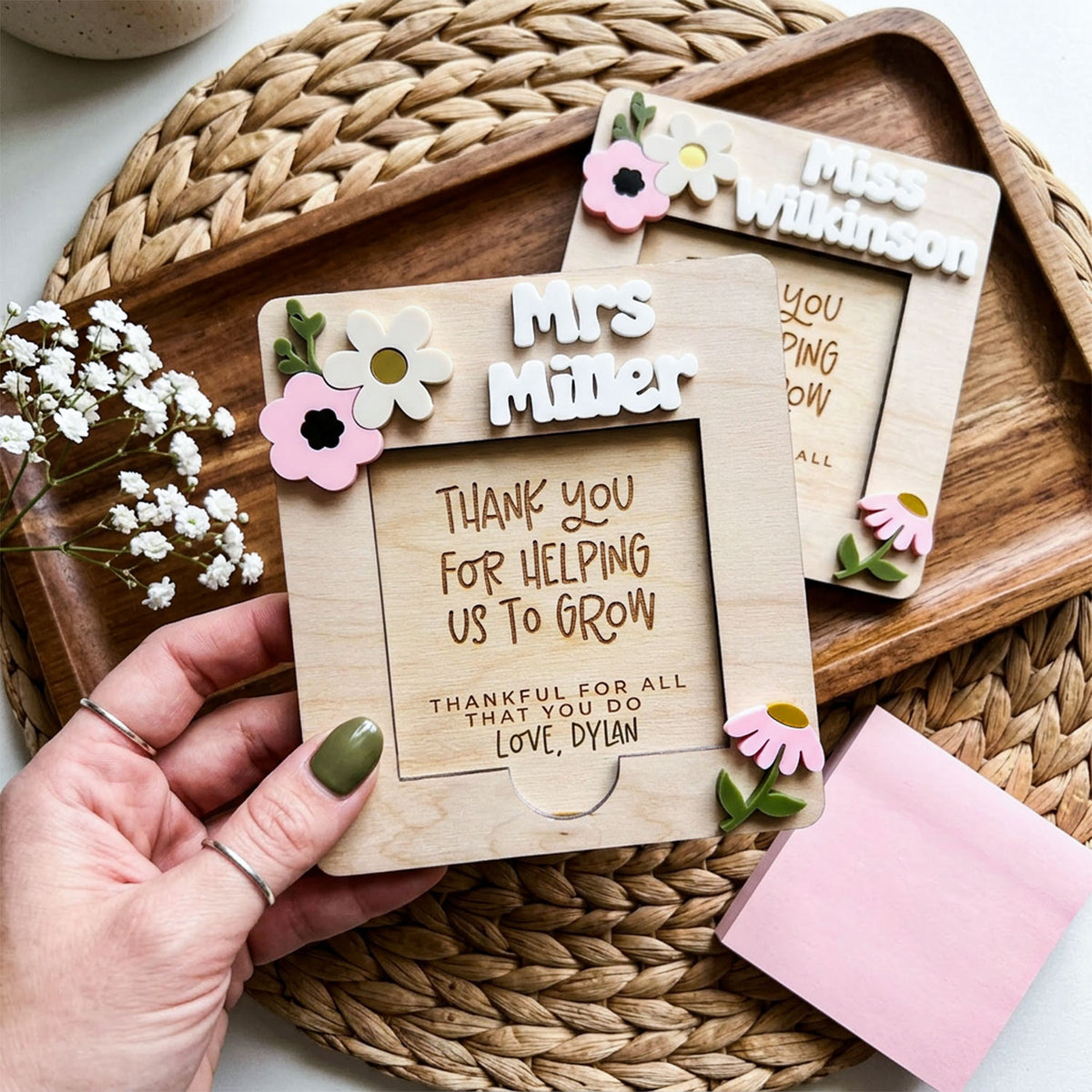 Personalized Teacher Flower Post-it Note Holder for Teacher Appreciation Gift, End Of School Year Gift