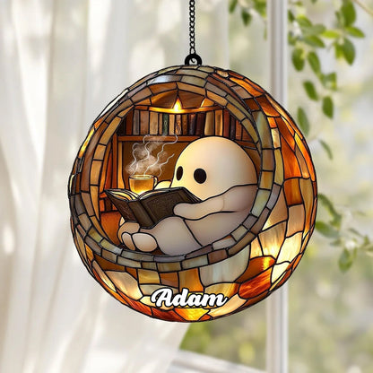 Reading Ghost in Teacup Faux Stained Suncatcher, Acrylic Halloween Window Hanging for Spooky Bathrooms and Book Lovers, Reader Gift