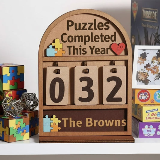 Personalized Puzzles Completed This Year Counter Mini Plaque With Flat Base, Gifts For Puzzle Lovers