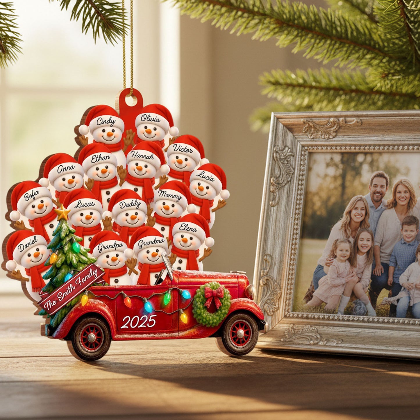Personalized Big Family Snowman On Red Truck Wooden Ornament, Gift For Family and Christmas Lovers