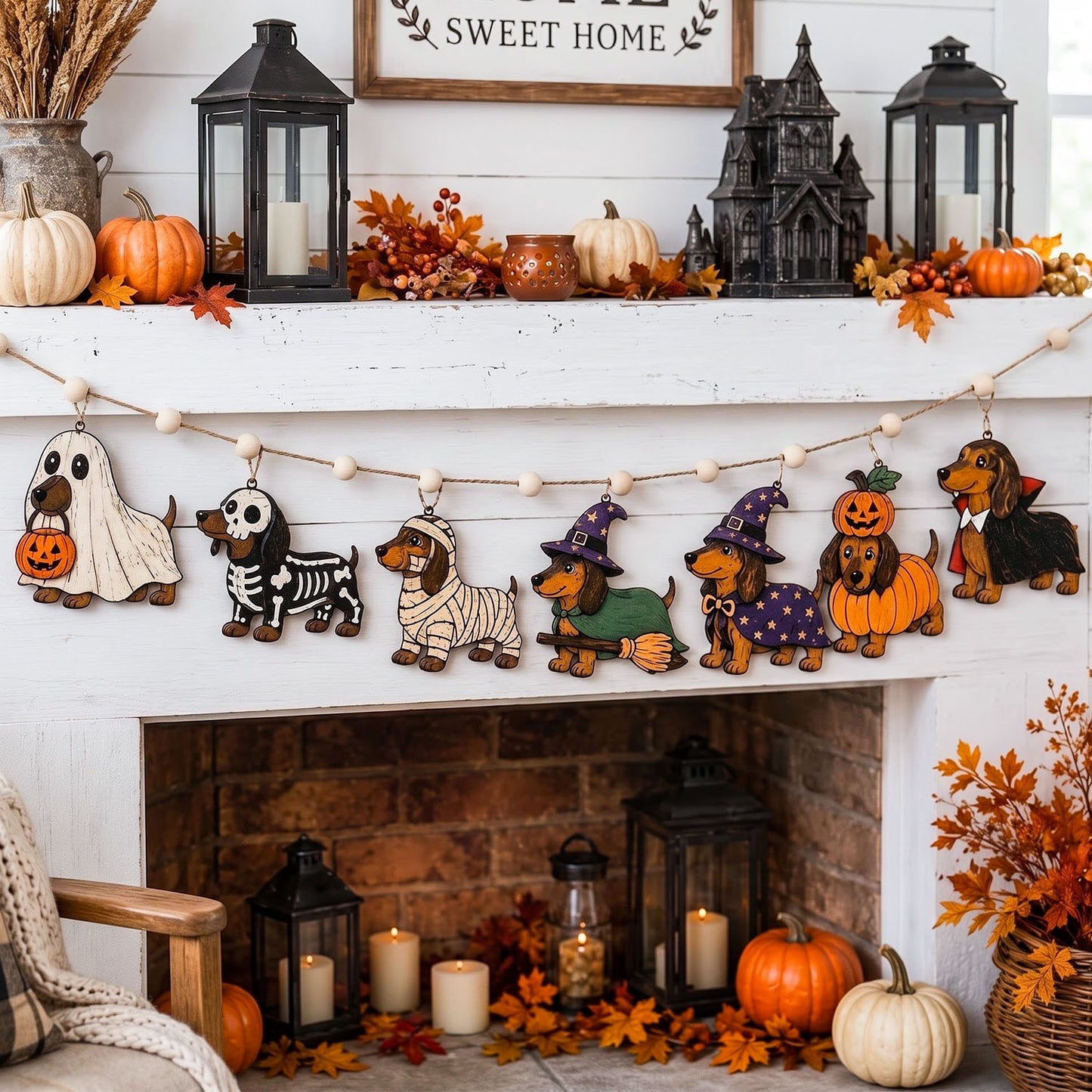 A Halloween-themed wooden dog garland with various dog costumes and accessories hangs across a white fireplace mantel, surrounded by fall decorations including pumpkins, lanterns, and autumn leaves.